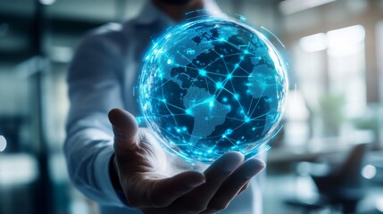 Poster - A person holds a glowing digital globe with interconnected nodes, symbolizing global connectivity and technology.
