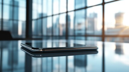 Poster - Smartphone on glass table, modern office, city view.