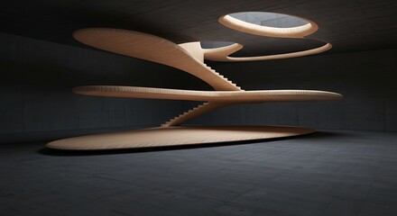 Poster - Abstract architectural rendering of a sculptural, organic staircase within a dark, cavernous space.