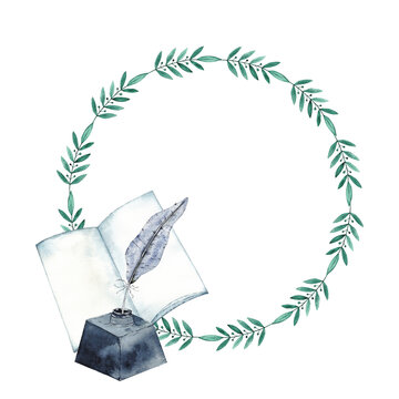 Vintage writing theme with open book, inkwell and feather pen in leafy green circle design. Back to school. End of course. Round template. Education concept. For university, institute, school