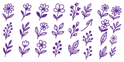 Wall Mural - flower brush hand drawn vector set. hand drawn doodle flower, floral leaf elements in brush stroke i
