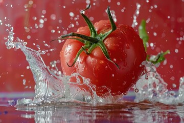 Poster - Ripe red tomato making a splash as it falls into water, with droplets scattering against a vibrant red backdrop