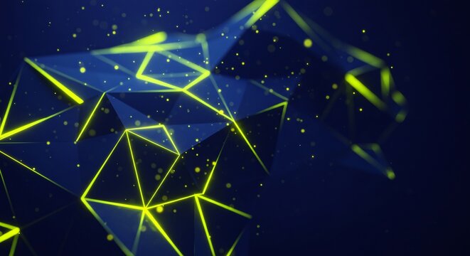 Abstract polygonal panther shape with glowing yellow lines on a dark blue background design art