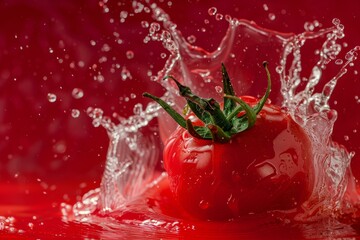Poster - Ripe red tomato making a splash as it falls into water against a vibrant red background
