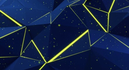 Fototapete - Abstract dark blue polygonal surface with bright yellow glowing lines and scattered yellow dots