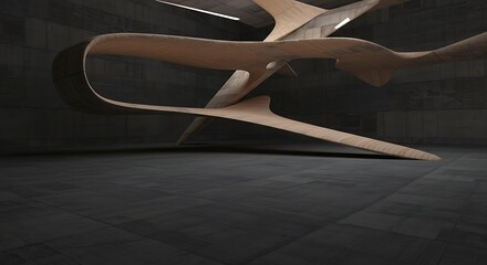 Poster - Abstract architectural interior featuring curved wooden structures against a dark, textured concrete background.
