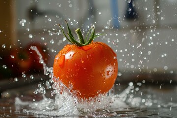 Poster - Ripe red tomato making a splash as it drops into water, creating droplets and ripples, ideal for food and freshness concepts