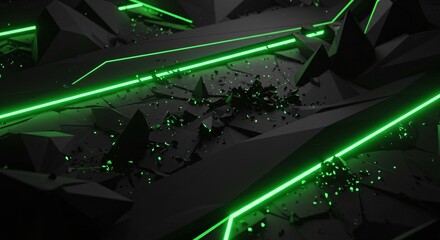 Fototapete - Abstract dark background with broken pieces and green neon light accents in a modern design