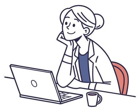 Woman working on laptop with coffee illustration line art on white background