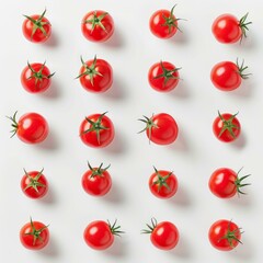 Poster - Ripe cherry tomatoes arranged on a white background, forming a visually appealing pattern