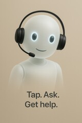 Poster - A futuristic chatbot with an inviting smile and headphones suggests a new approach to customer service and tech support.