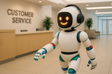 Poster - A friendly robot concierge confidently navigates a modern customer service environment, epitomizing advanced technology for support and communication. It symbolizes the future of assistance.