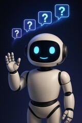 Poster - A friendly robot, with an inquisitive mind, greets the viewer while a series of question marks emanate from its head, representing the search for knowledge, information, and dialogue.