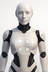 Poster - A sleek android stands with digital interface displays, embodying the cutting edge of artificial intelligence and the integration of technology and humanity. customer support service