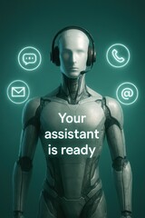Poster - An advanced, humanoid robot, designed for customer support and communication, wearing a headset with integrated microphone, ready to assist customers through a variety of channels.