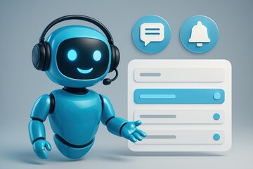 Poster - An inviting animated digital assistance robot with an expressive face and friendly demeanor wearing headset, is poised to offer guidance and information. customer support service