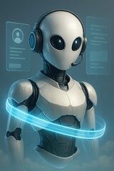 Poster - Futuristic customer service robot, clad in white, sports a headset and beams of light, ready to assist with a friendly interface. customer support service