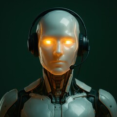 Poster - An evocative depiction of a futuristic cyborg, gleaming with metallic surfaces, is poised with advanced headset. Capturing the essence of advanced technology, innovation.