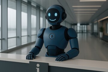 Poster - A friendly service robot with a welcoming smile stands attentively at an information desk in a modern terminal, ready to assist and provide assistance to the travelers.
