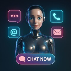 Poster - A futuristic avatar offering seamless communication with digital communication icons on a dark blue background. customer support service  