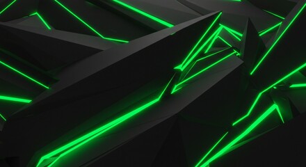 Poster - Abstract dark background with green neon lines forming geometric shapes and sharp edges design art