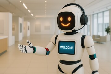 Poster - A friendly robot greeter extends a welcoming gesture in a modern, gallery. The robot features a display screen that shows 