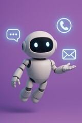 Poster - A friendly robotic character floats with an open hand offering assistance. Illustrated icons representing various methods of connection and communication orbit around the robot.