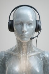 Poster - A clear mannequin with headset is displayed the next evolution of customer service through artificial intelligence. customer support service