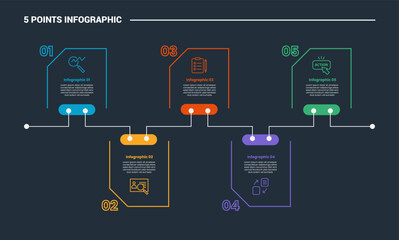 Aufkleber - 5 stage infographic process diagram with timeline style with folder shape up and down connected with dark background bright outline style
