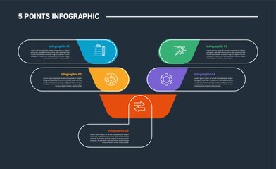 Aufkleber - 5 stage infographic process diagram with stacked round rectangle with funnel with dark background bright outline style