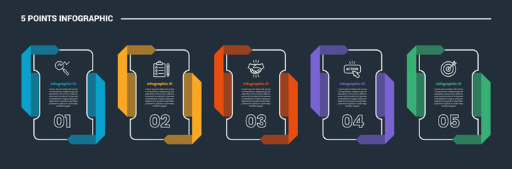 Aufkleber - 5 stage infographic process diagram with creative vertical box with ribbon on side with dark background bright outline style