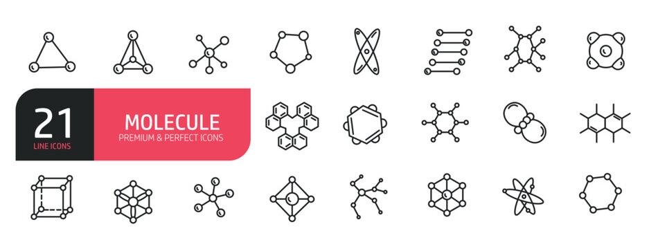Set of line icons related to molecule structure, atom, scientific research, electron orbit, DNA chain, elements. Outline icons collection. Editable stroke. Vector illustration