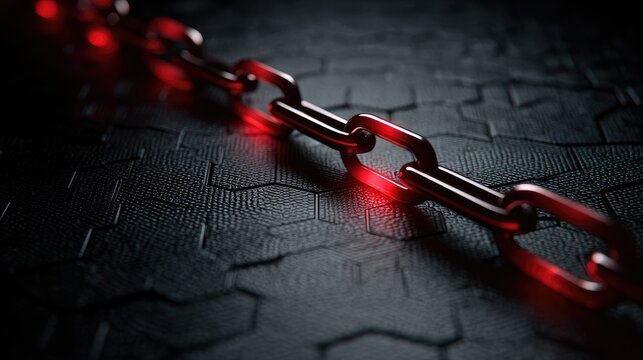 Red-lit chain lying on a dark textured surface.