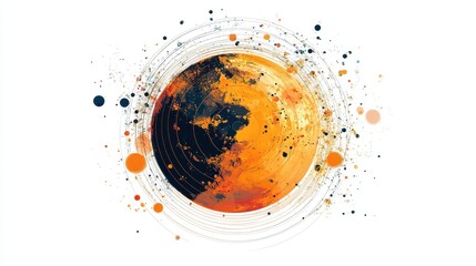 Poster - Cosmic Orb Abstract Art - Abstract artwork depicting a vibrant orange and black orb surrounded by swirling lines and colorful dots on a white background