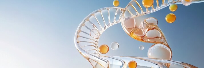 Aufkleber - DNA Structure and Cellular Components - Abstract of a DNA strand with flowing liquid and cellular elements against a light blue background. Ideal for science, healthcare, and technology