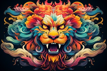 Aufkleber - Vibrant lion head roaring fiercely, surrounded by an abstract and colorful mane, creating a striking visual on a black background
