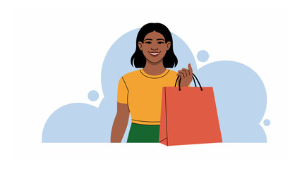 Poster - Smiling African American woman holding a shopping bag against a soft blue background illustrating consumerism and retail therapy