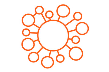 Aufkleber - Orange network hub and spoke wheel connecting circles on a transparent background representing a network, connection, social media, or technology