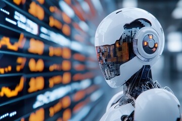Fototapete - Economy forex background concept. Futuristic robot head with data display in the background.