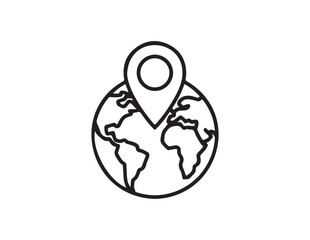 Poster - Global location pin icon placed on a simple line drawing of planet earth isolated on white background