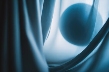 Aufkleber - Soft blue light filters through sheer curtain fabric, revealing abstract orb shape in background, creating calm, dreamy, and mysterious atmosphere