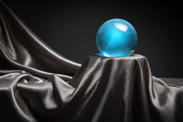 Aufkleber - Blue glass orb resting on luxurious silver fabric, illuminated by soft blue light, creating mysterious and elegant atmosphere with abstract reflections and smooth textures