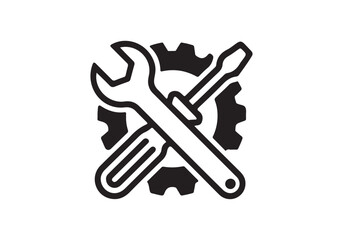 Poster - Black silhouette icon of a wrench and screwdriver crossed over a gear isolated on white background
