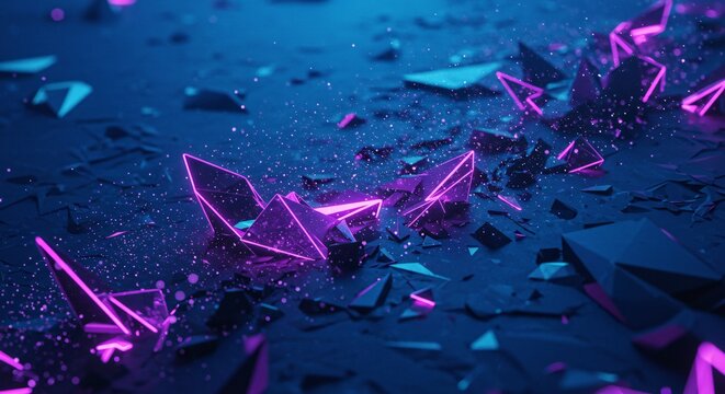 A vibrant display of shattered crystals illuminated with neon purple and blue lighting effects