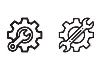 Poster - Two line art icons of a wrench and gear symbolizing service and repair isolated on white background
