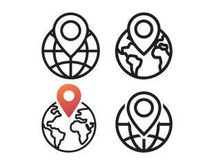Poster - Four globe location pin icons representing global navigation and travel isolated on white background
