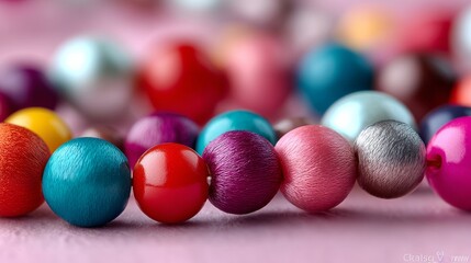Poster - Colorful string of beads with a pink and blue bead in the middle. The beads are of different colors and sizes, and they are arranged in a line. Concept of creativity and playfulness
