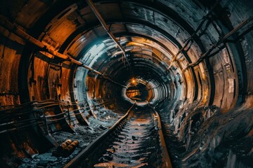 Poster - Underground tunnel with glowing lights and railway tracks