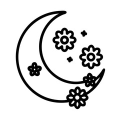 Poster - Crescent moon with several flowers in simple black and white style
