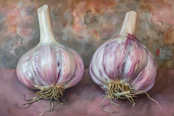 Poster - Realistic still life painting showcasing two garlic bulbs on a pink surface, capturing the intricate details and textures